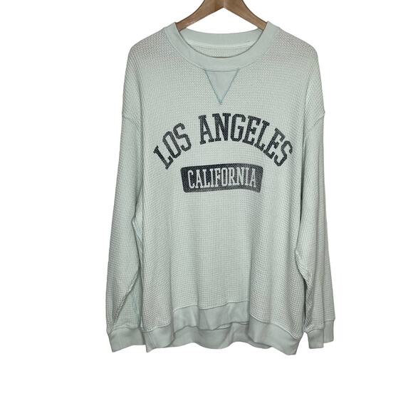 Aerie Womens Long Sleeve Waffle Knit Sweatshirt L Blue Green Graphic Loungewear - Picture 2 of 8
